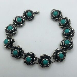 VTG Sterling Turquoise Cabochon Floral Sculpted Flower Link Bracelet 6”
